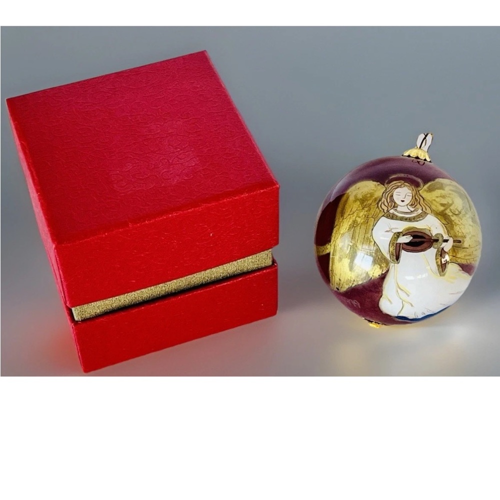 Pier 1 Li Bien 1999 Hand Painted Inside-Angel Playing Lute Glass Ball w/Box